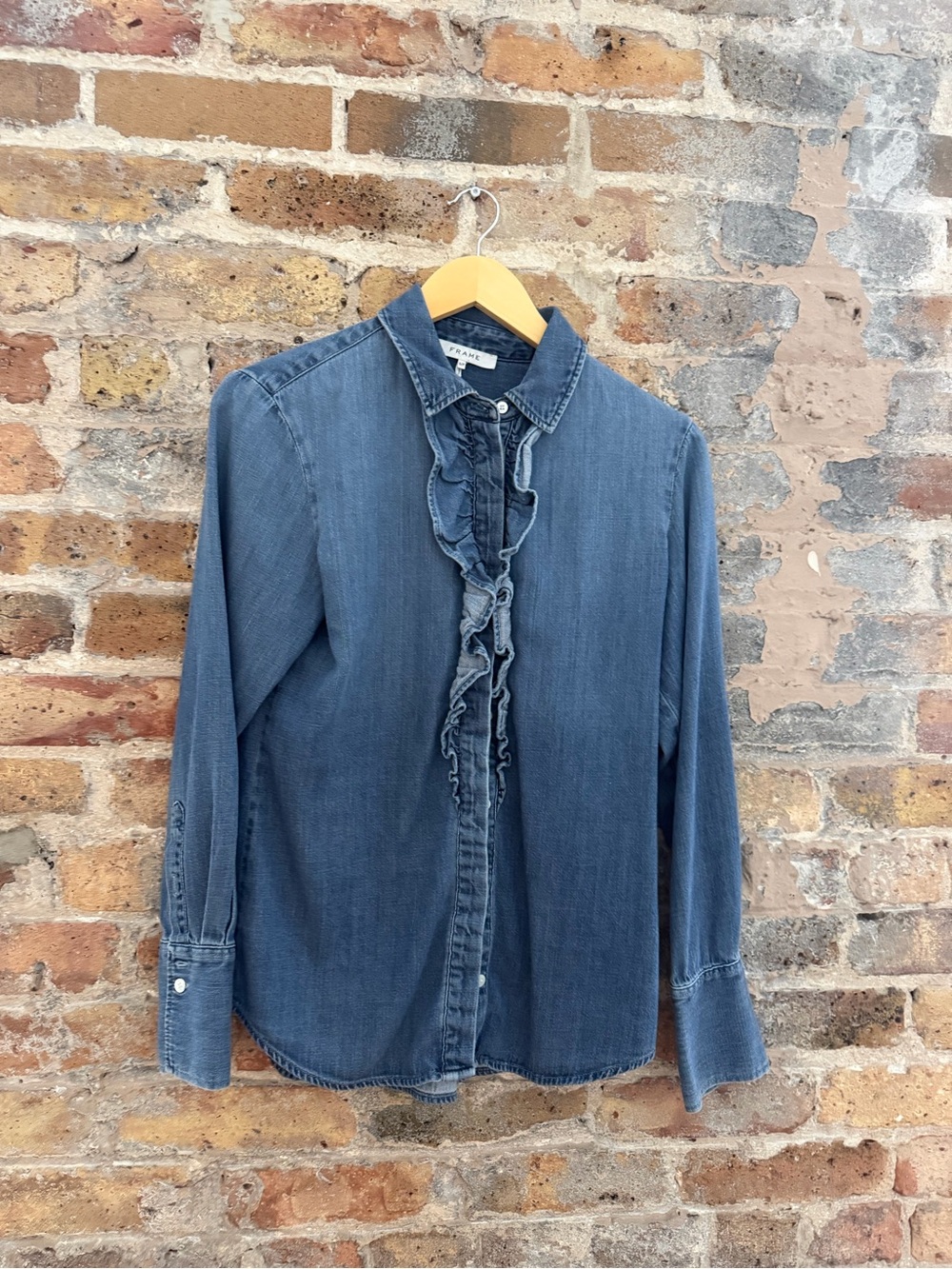 Frame Denim Blue Ruffle-Front Denim Blouse
